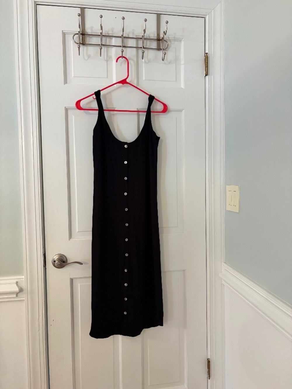 Black Ribbed Button Front Scoop Neck Midi Tank Dress